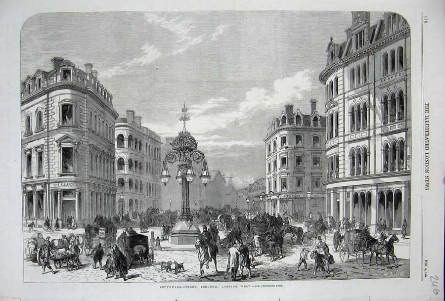 Old Antique Print 1865 Southwark Street Borough Buildings Horses People 19th