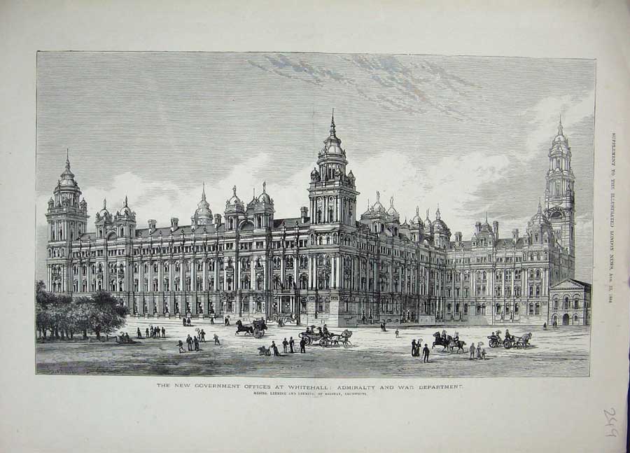 Old Antique Print 1884 Government Office Whitehall War Department Leeming 19th