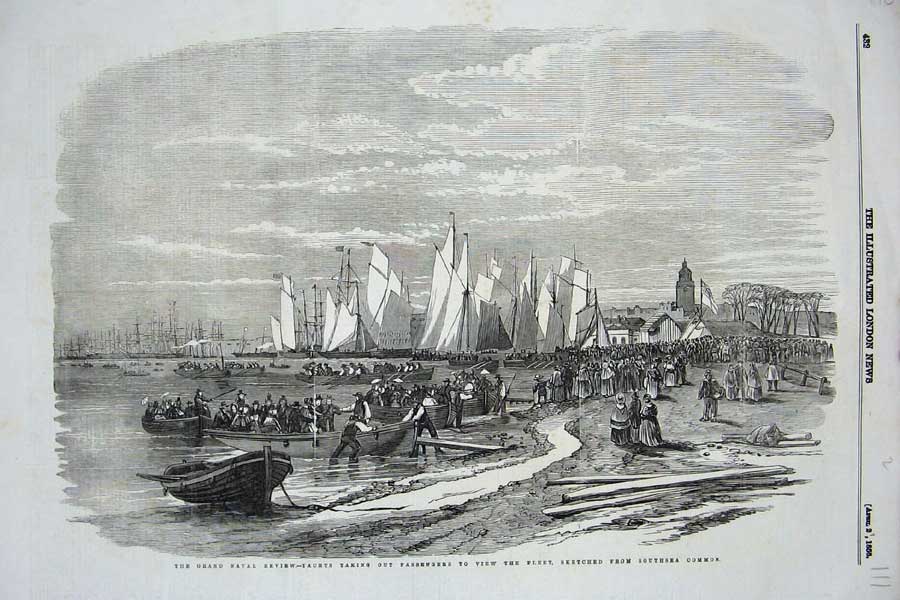 Original Old Antique Print 1856 Naval Review Yachts Southsea Common Ships War