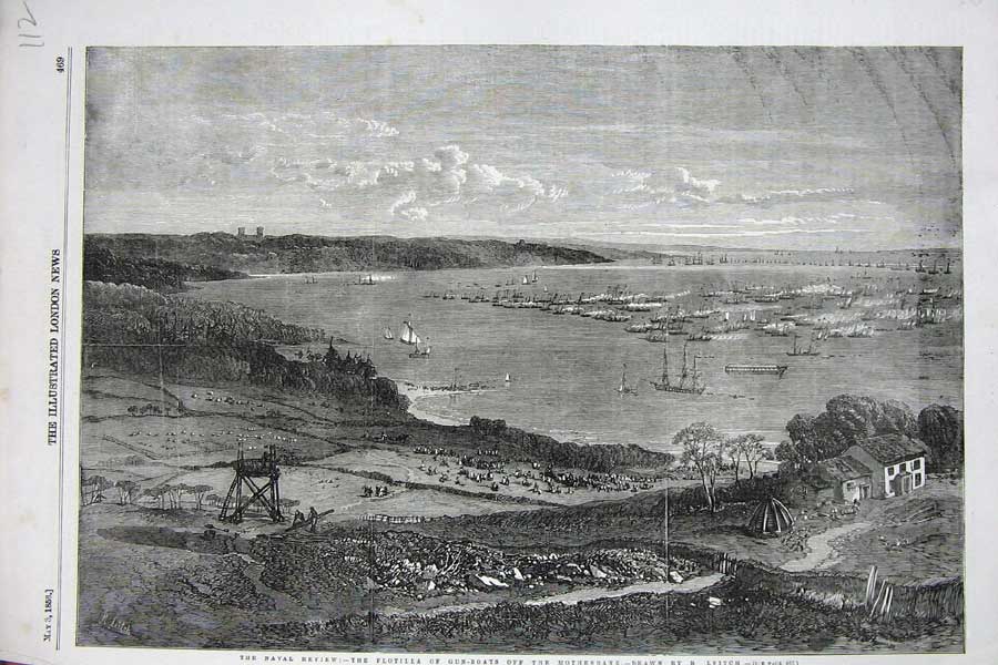 Original Old Antique Print 1856 Naval Review War Flotilla Gun-Boats Motherbank