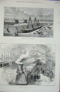 Old Antique Print 1876 Docks Basin Portsmouth Ships Prince Lisbon Train 19th