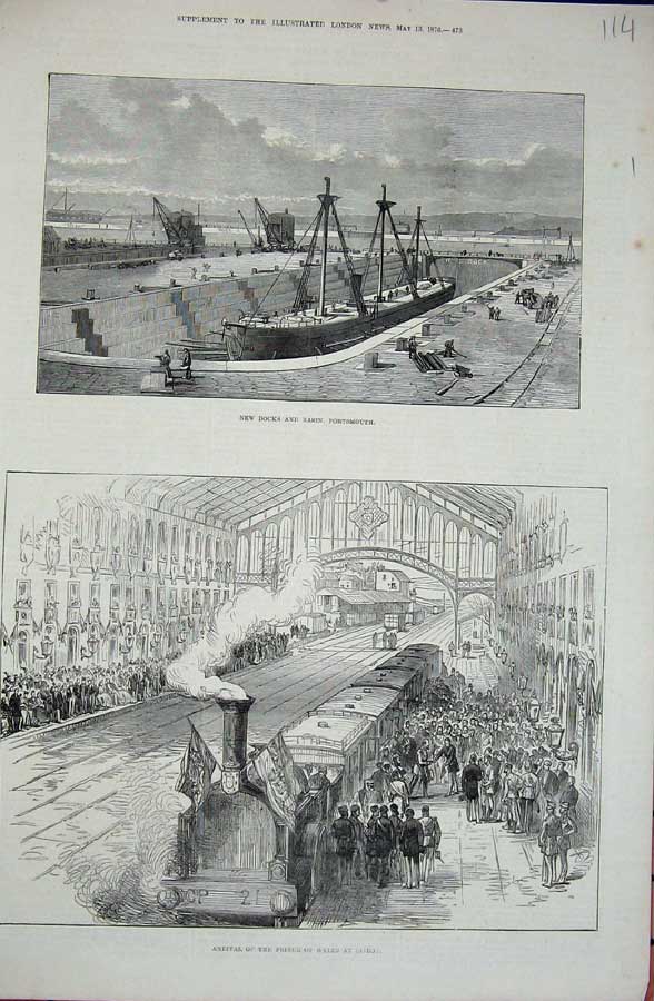 Old Antique Print 1876 Docks Basin Portsmouth Ships Prince Lisbon Train 19th