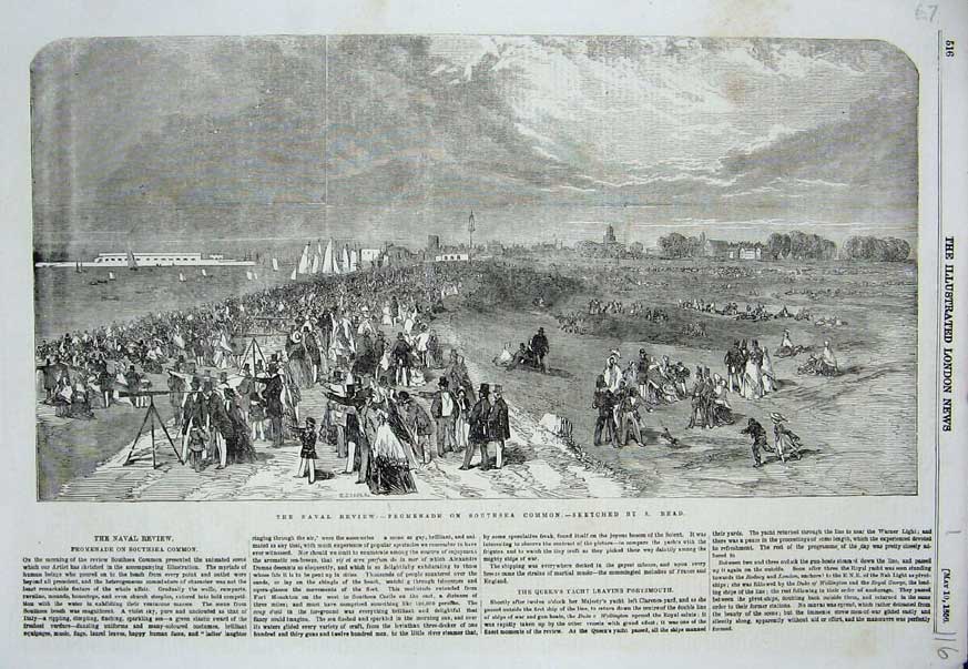 Old Antique Print 1856 Naval Review Southsea Common Promenade Ships War 19th