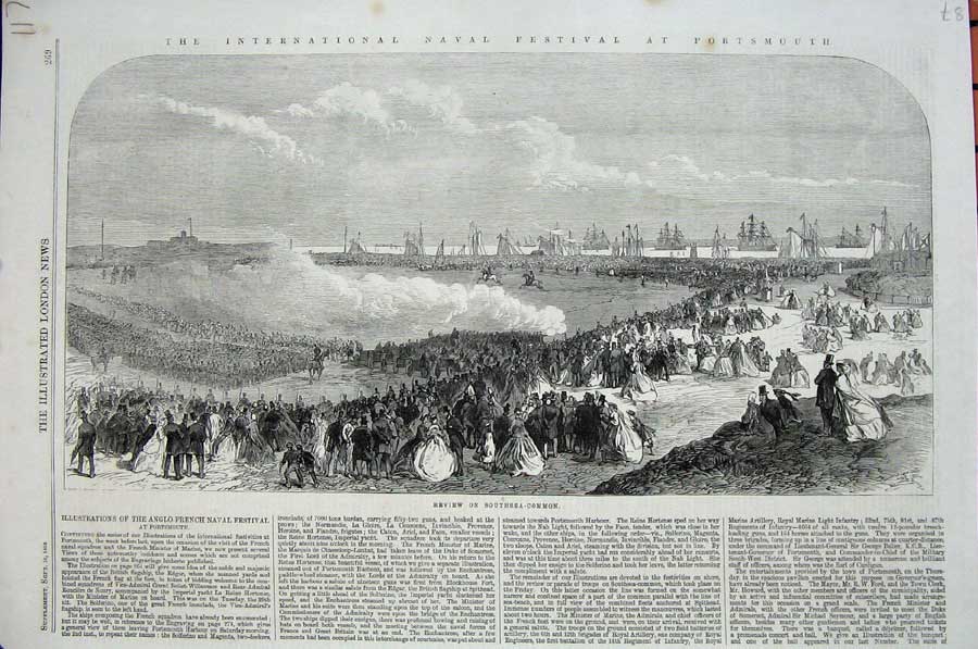 Original Old Antique Print 1865 Naval Festival Portsmouth Southsea Common War