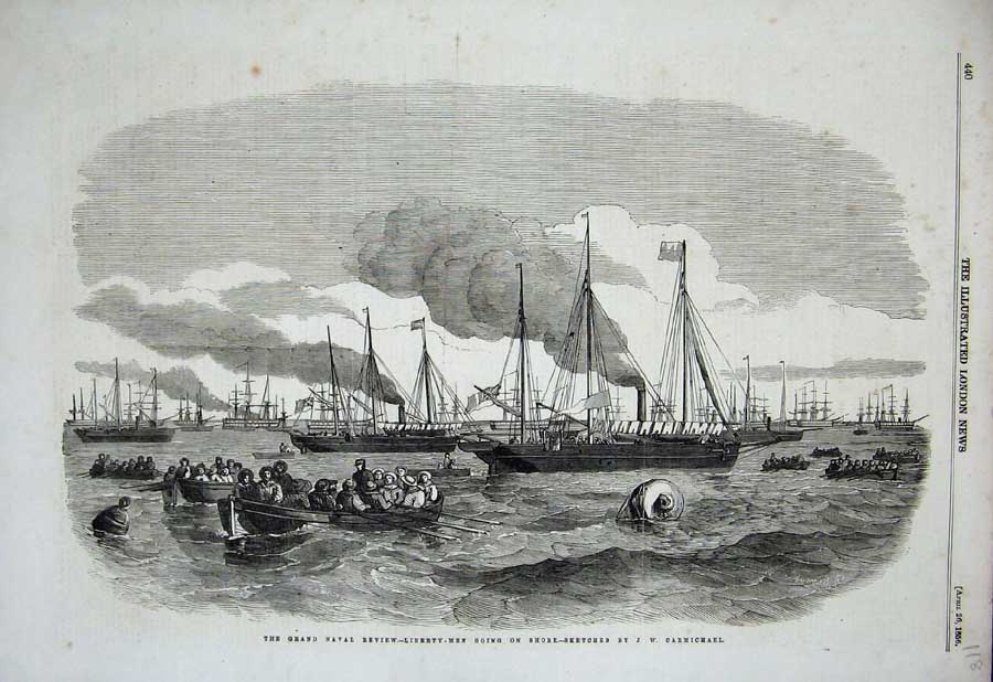 Old Antique Print 1856 Naval Review Liberty-Men Ships War Sea Boats Art 19th
