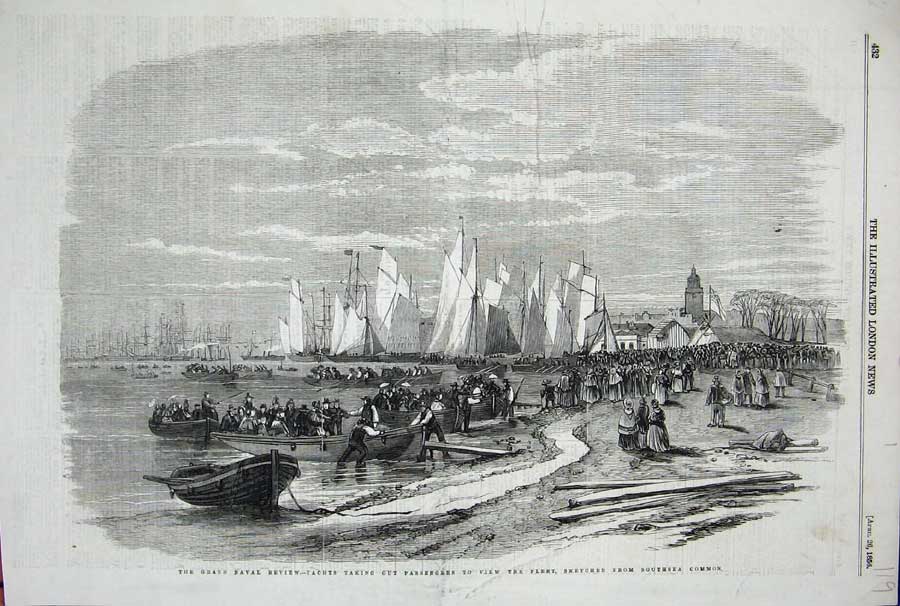 Original Old Antique Print 1856 Grand Naval Review Yachts Ships Southsea Common