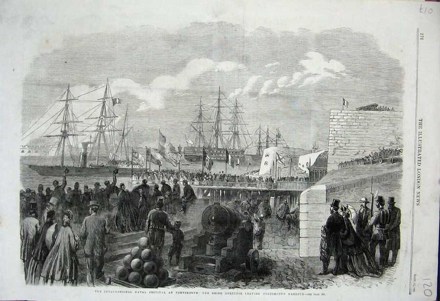 Old Antique Print 1865 Naval Festival Portsmouth Reine Hortense Ship War 19th