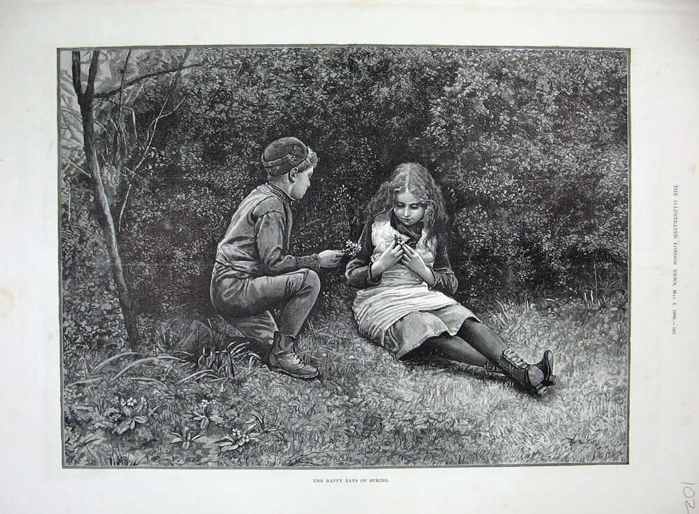 Old Antique Print 1890 Happy Days Spring Little Boy Girl Flowers Country 19th