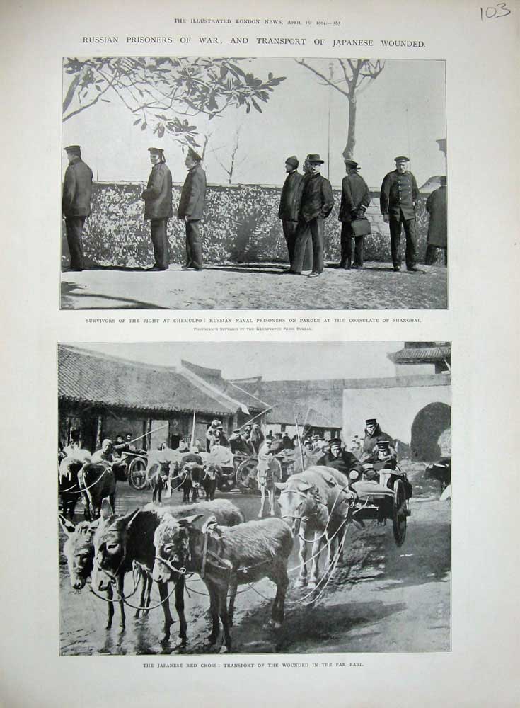 Old Antique Print 1904 War Chemulpo Russian Prisoners Shanghai Red Cross 20th