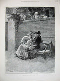 Original Old Antique Print 1891 Gordon Browne Art Man Woman Romance Bench Wall