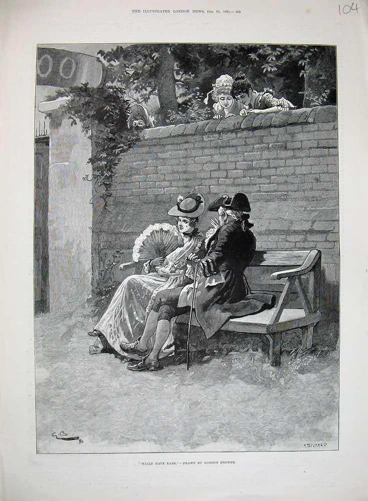 Original Old Antique Print 1891 Gordon Browne Art Man Woman Romance Bench Wall