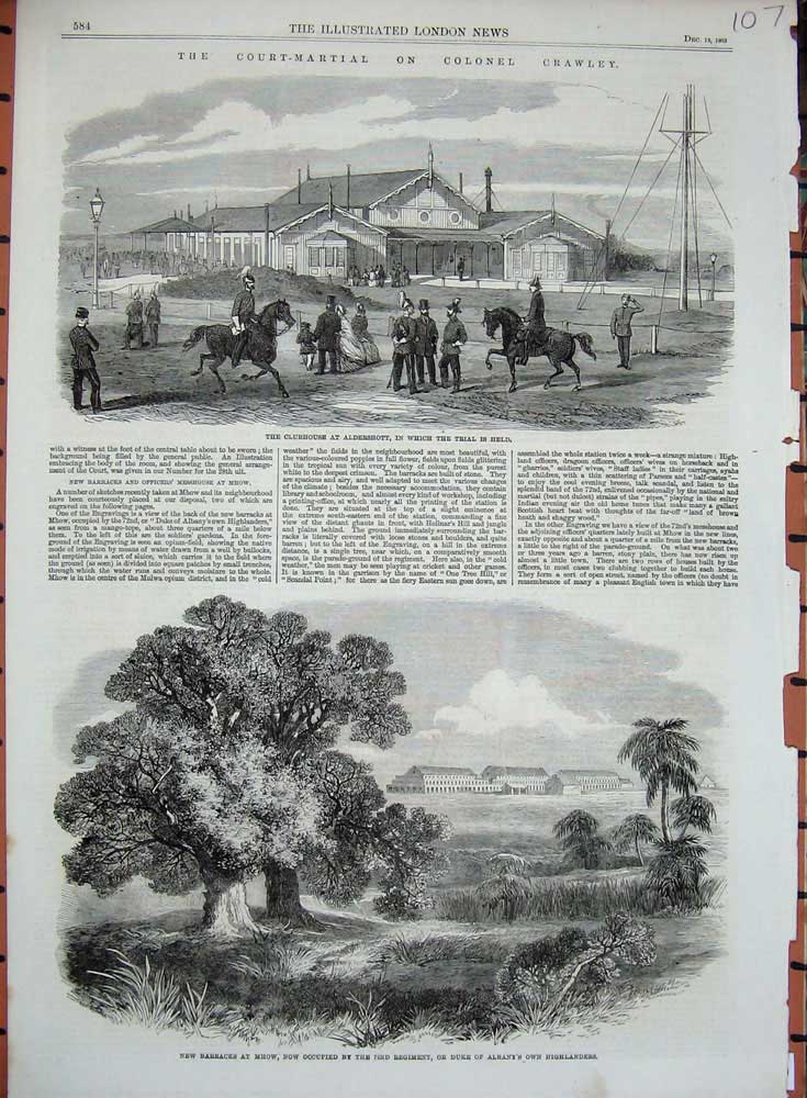 Original Old Antique Print 1863 Colonel Crawley Barracks Mhow Aldershott Albany