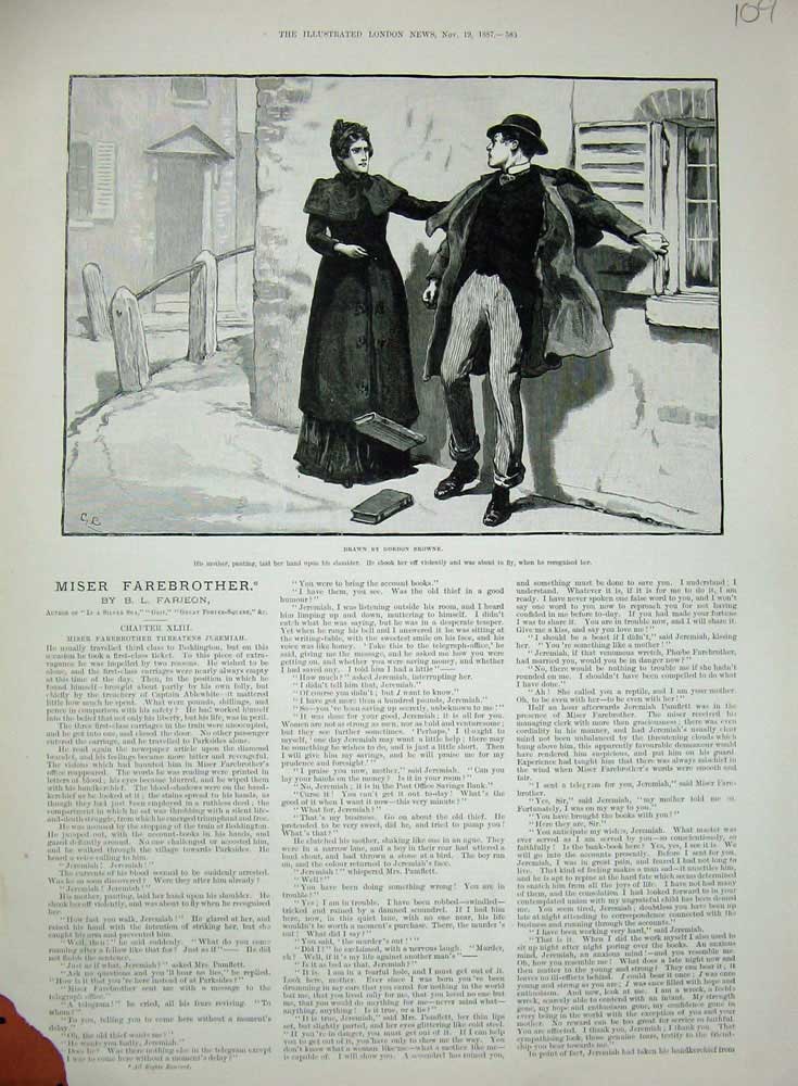 Original Old Antique Print Miser Farebrother 1887 Gordon Browne Mother Boy Son