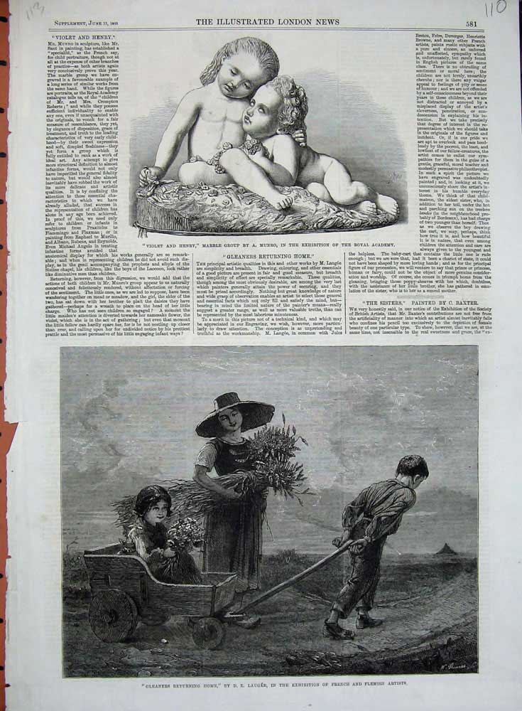 Old Antique Print 1865 Violet Henry Marble Children Hay Farming Cart Art 19th