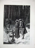 Original Old Antique Print 1884 Winter Scene Snow Trees Lady Man Romance Forest