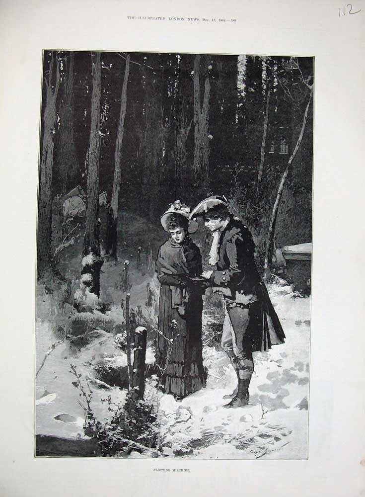Original Old Antique Print 1884 Winter Scene Snow Trees Lady Man Romance Forest