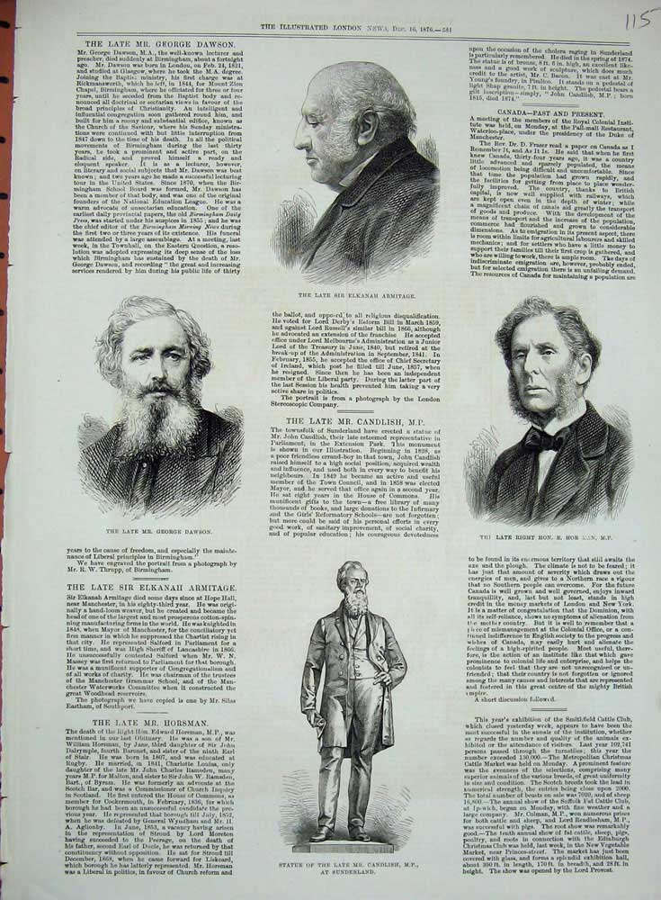 Original Old Antique Print 1876 Statue Candlish Horsman Dawson Armitage Men