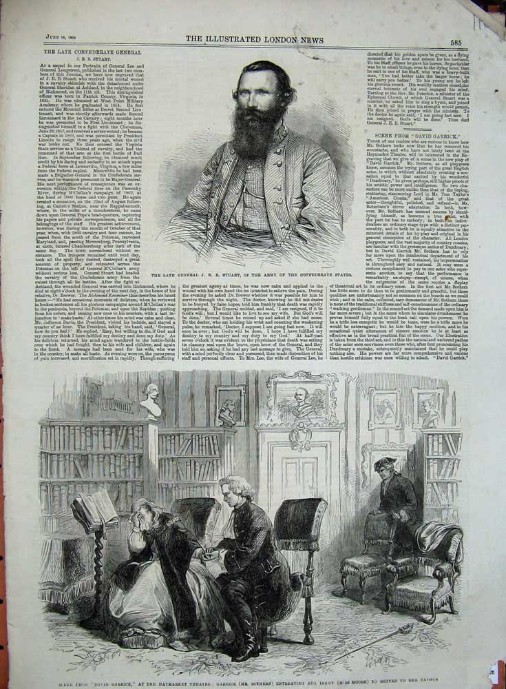 Old Antique Print 1864 General Stuart David Garrick Haymarket Theatre Ada 19th
