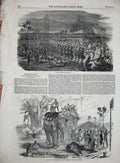 Original Old Antique Print 1851 Sonthal Dance Moonlight Beerbhoom Bear Shooting
