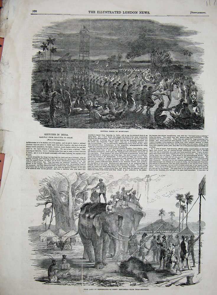 Original Old Antique Print 1851 Sonthal Dance Moonlight Beerbhoom Bear Shooting