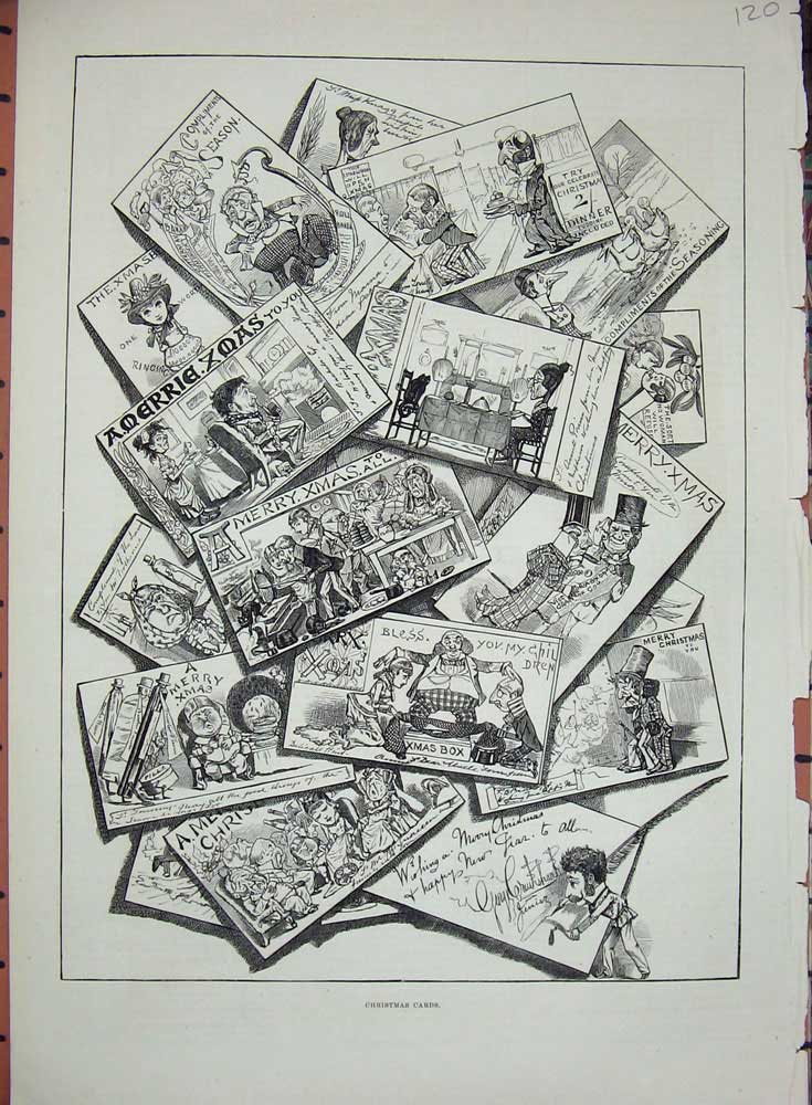 Original Old Antique Print 1877 Christmas Cards Comedy Shopping People 19th