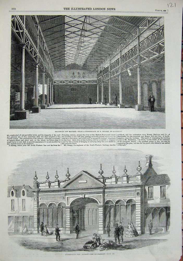 Original Old Antique Print 1869 Salisbury New Market Aldershott Buildings 19th