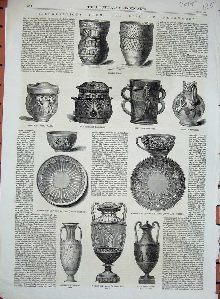 Old Antique Print 1865Wedgwood Vase Urn Posset-Pot Norman Pitcher Pottery 19th