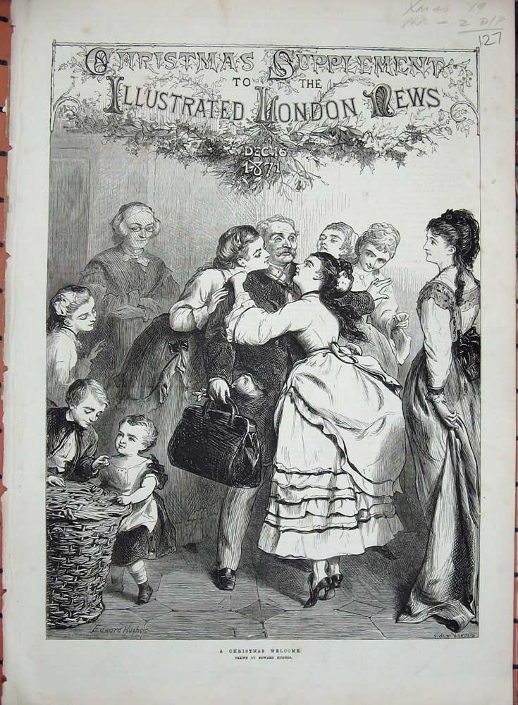 Original Old Antique Print 1871 Christmas People Children Party Edward Hughes