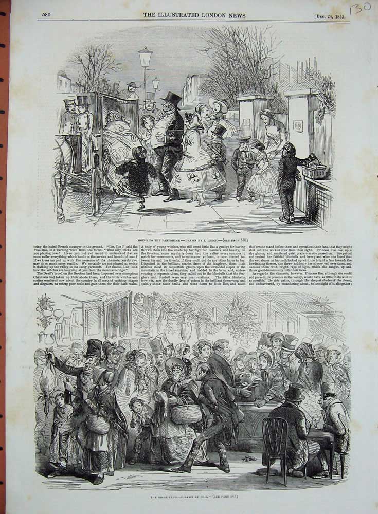 Antique Old Print Ref.969 1853 Pantomime Christmas Carriage Goose Club People