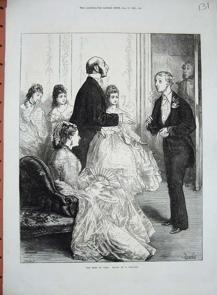 Original Old Antique Print Barnard 1872 Women Men Dresses Dance Romance 19th