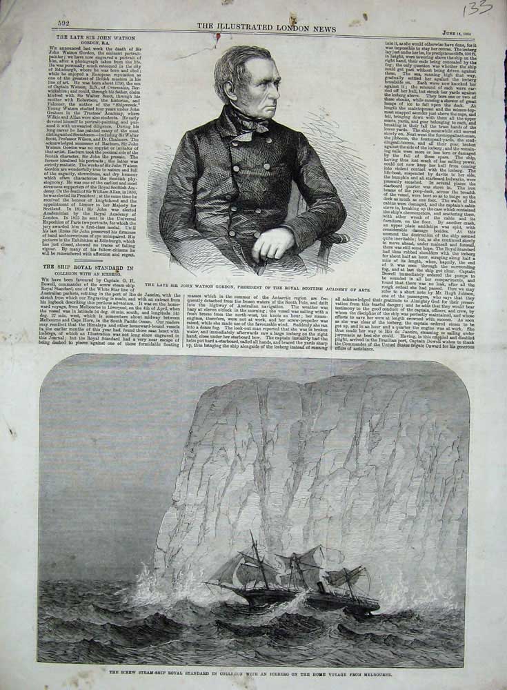 Original Old Antique Print 1864 John Watson Gordon Royal Standard Ship Ice-Berg