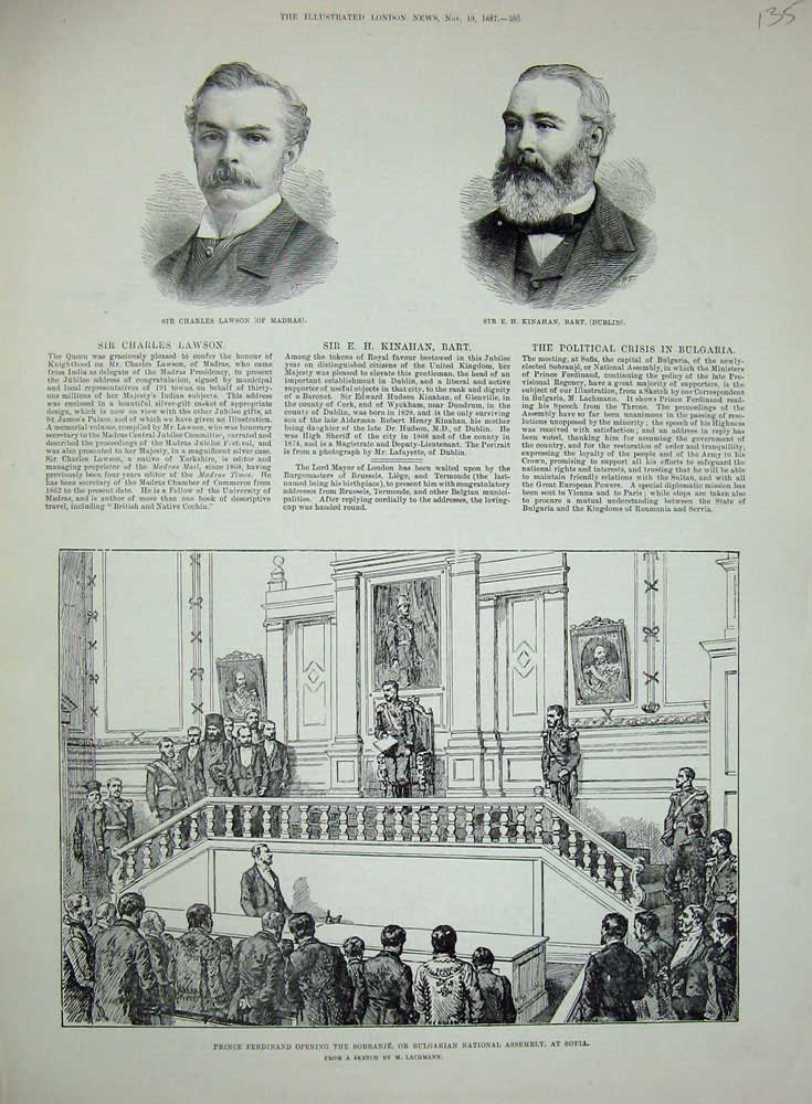 Original Old Antique Print 1887 Lawson Kinahan Prince Ferdinand Sobranje Sofia