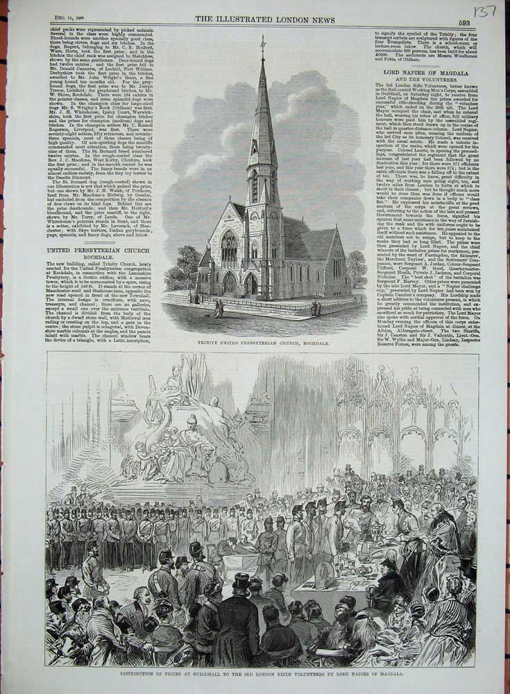 Original Old Antique Print Trinity Church Rochdale 1869 Guildhall Rifle Magdala