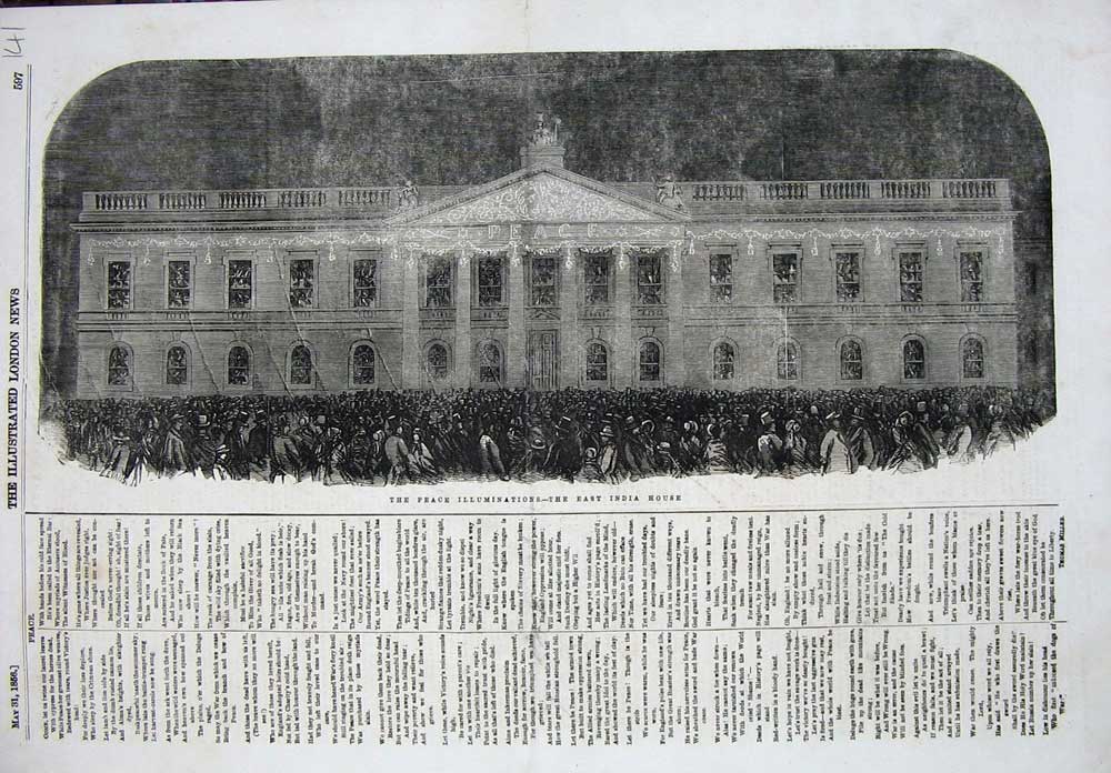 Original Old Antique Print 1856 Peace Illuminations East India House Building