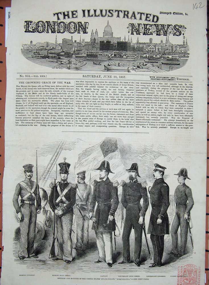 Antique Old Print *0282 1857 Officers Marines Steam Frigate Ship Susquehanna