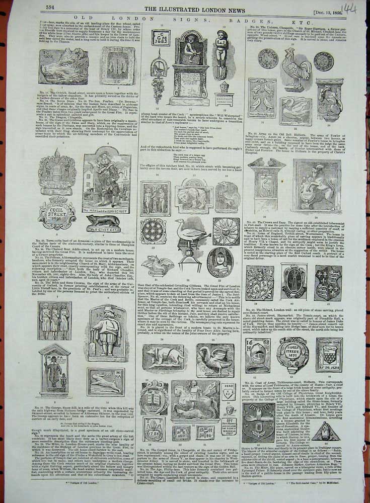 Original Old Antique Print 1856 London Signs Badges Cecil Street James 19th