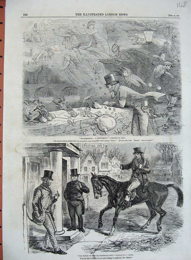 Original Old Antique Print White Hart Inn Christmas 1860 Horse Caricatures 19th