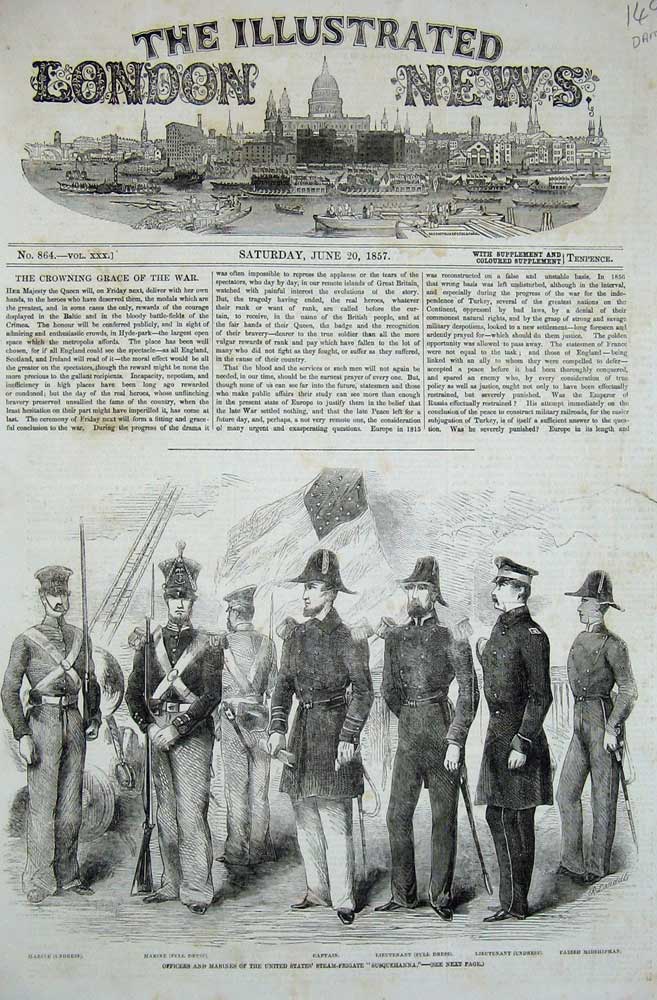 Original Old Antique Print 1857 Officers Marines America Firgate Susquehanna
