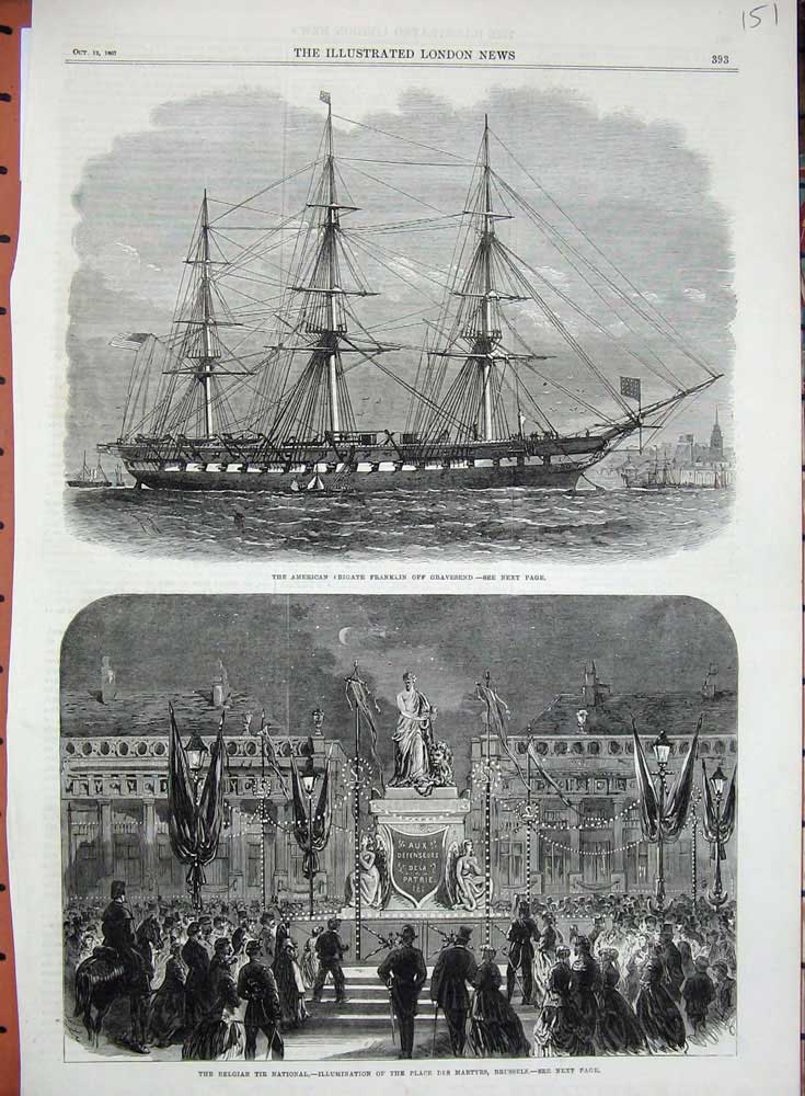 Original Old Antique Print 1867 American Frigate Franklin Belgian Tir Brussels