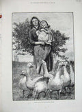 Original Old Antique Print 1884 Mother Little Girl Geese Birds Country Fine Art