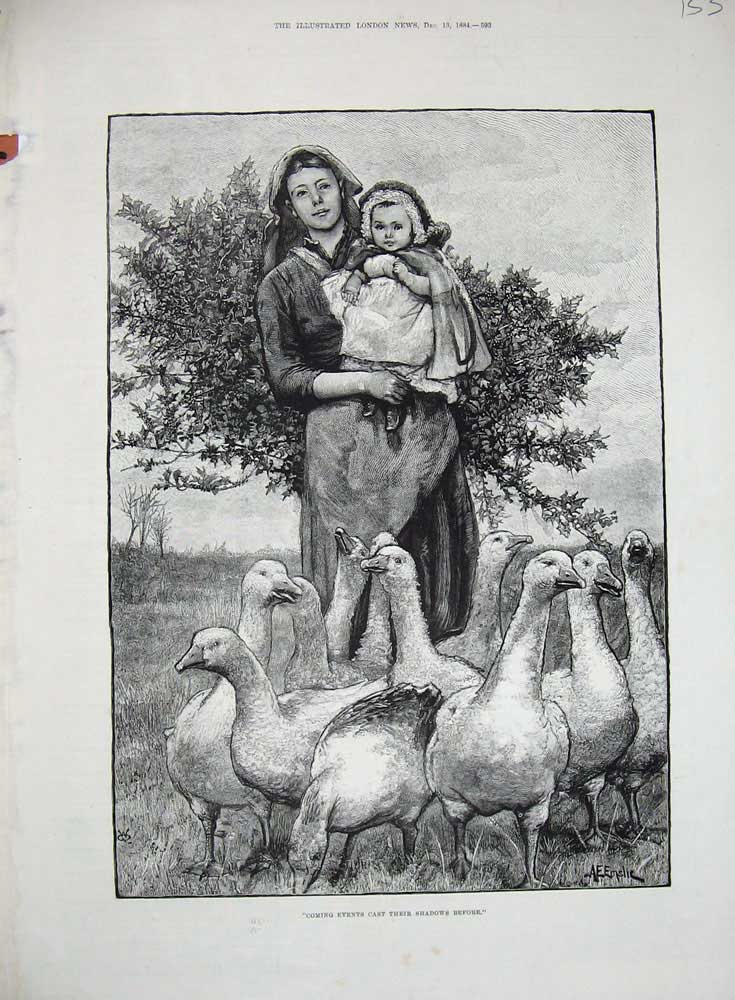 Original Old Antique Print 1884 Mother Little Girl Geese Birds Country Fine Art