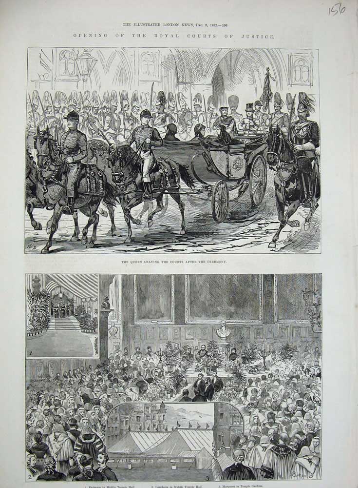 Old Antique Print 1882 Royal Courts Justice Queen Carriage Middle Temple 19th