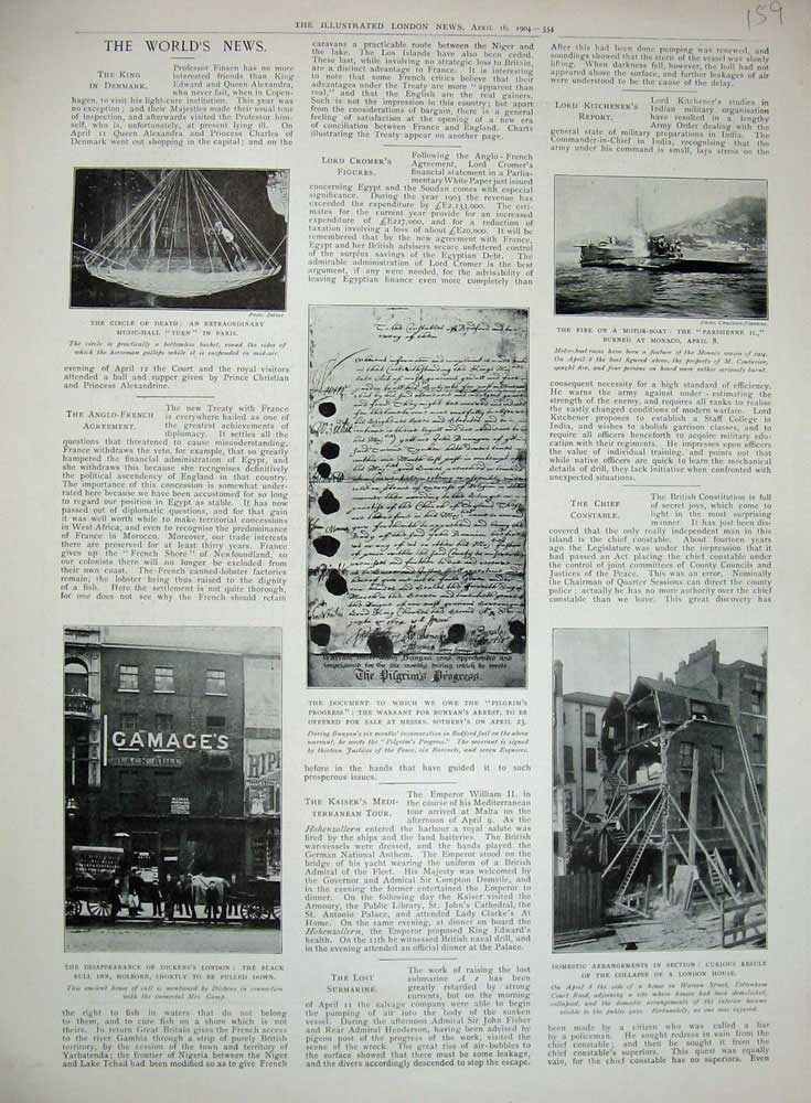 Old Antique Print 1904 London House Dickens Parisienne Boat Circle Death 20th