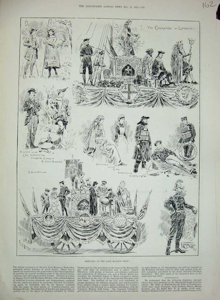 Original Old Antique Print 1887 Lord Mayor'S Show Education Charity Commerce