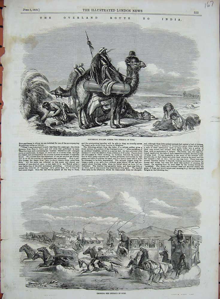 Original Old Antique Print 1858 Isthmus Suez Egypt Camels Coaches Horses 19th