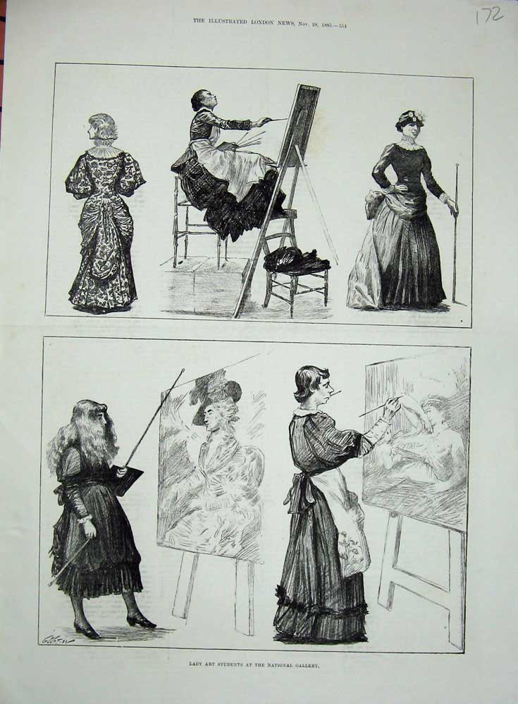 Original Old Antique Print Lady Art Students National Gallery Paintings 1885