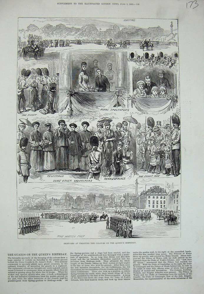 Original Old Antique Print 1880 Trooping Colours Queen Birthday Guards London
