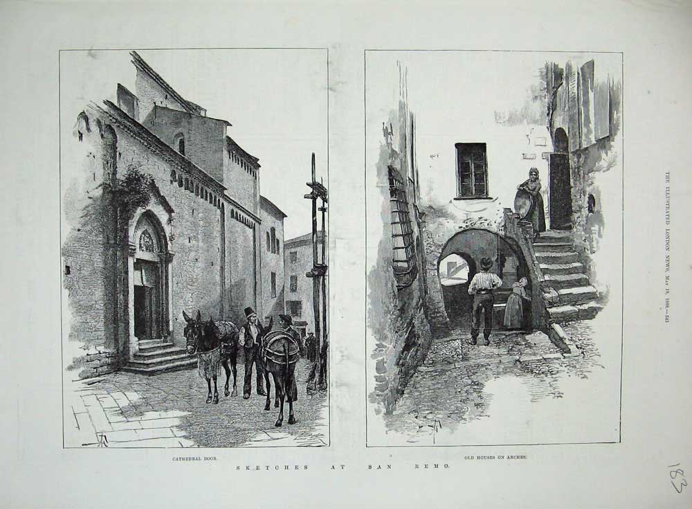 Original Old Antique Print 1888 San Remo Cathedral Door Houses Arches Street