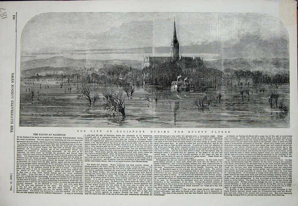 Old Antique Print 1852 View City Salisbury Floods Trees Church Mountains 19th