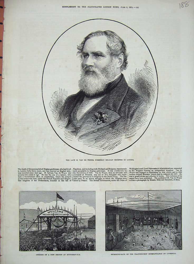 Old Antique Print Van Weyer Belgian Minister 1874 Liverpool Huddersfield 19th